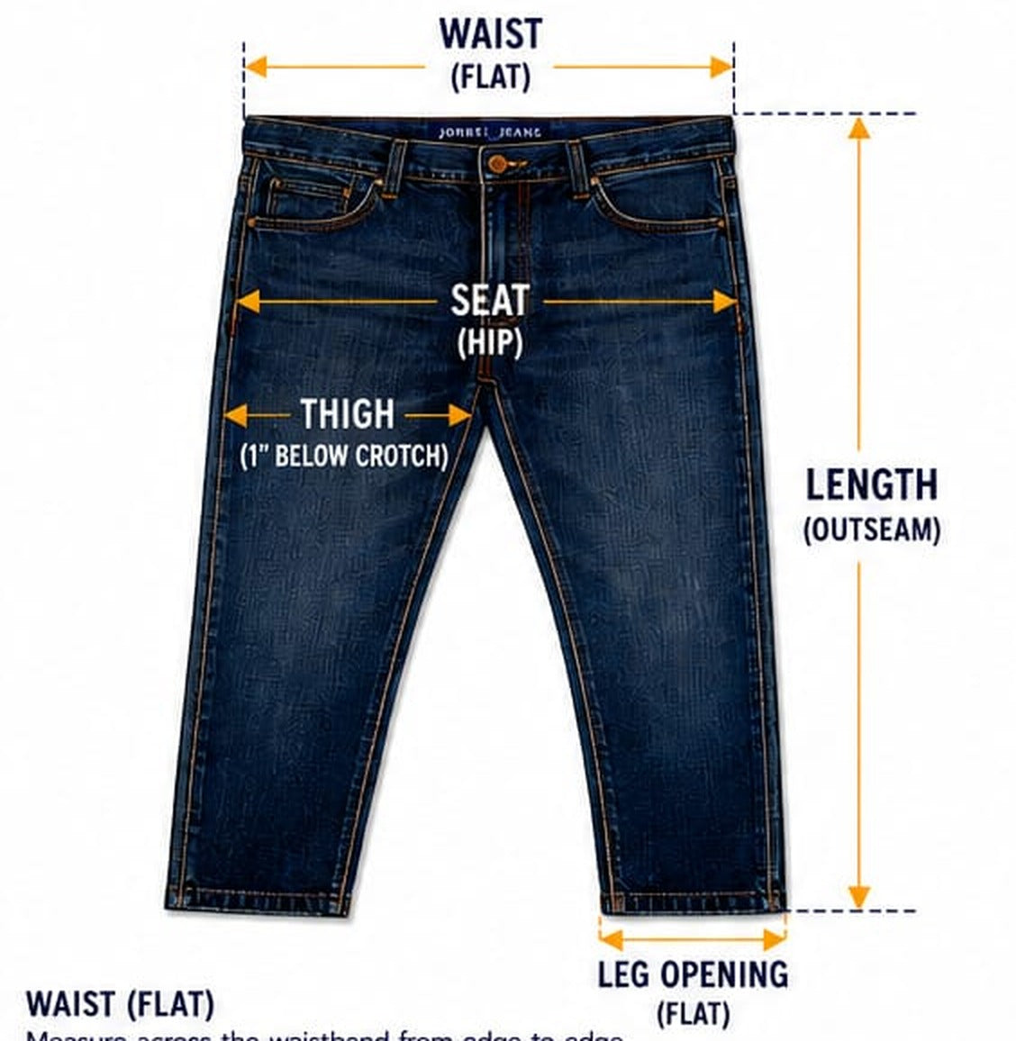Where to measure a pair of JORBEL jeans laid flat: waist, seat, thigh, length and leg opening