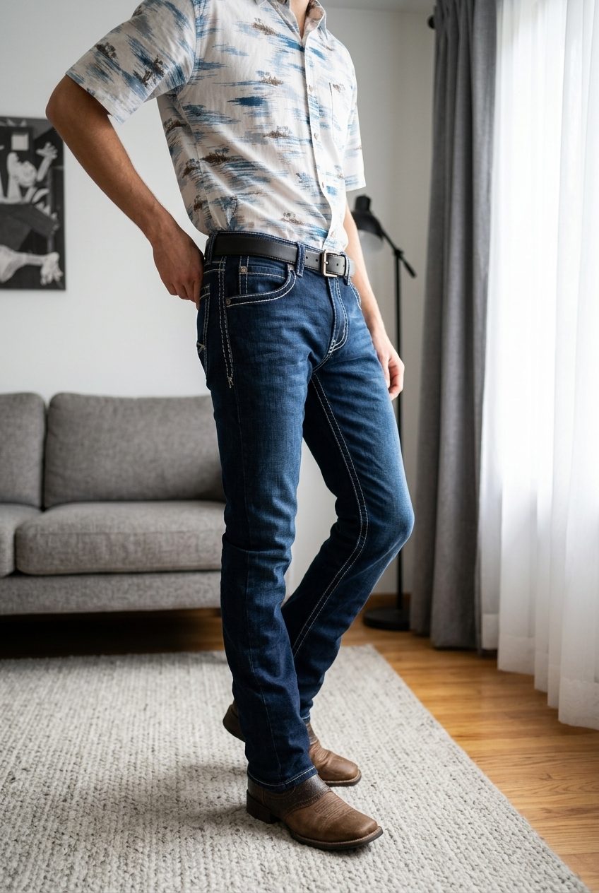 JORBEL J2 Premium Western Bootcut Jeans – Dark Blue Faded